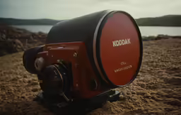 a close up of a camera on sand next to water