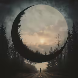 a circular photograph with a person walking through the center