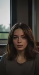 a woman with shoulder length hair and a dark shirt