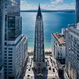 large spire structure in front of large city buildings with ocean and sky behind