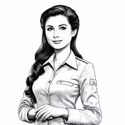 a black and white drawing of a woman in uniform
