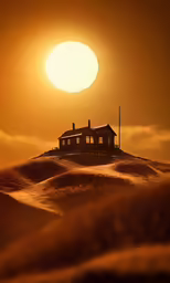 a house on top of a hill at sunset