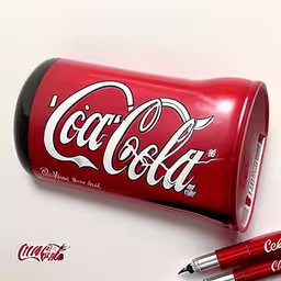 red and white coca cola can next to a red pen,a can of coca cola with a stylus and a fountain pen