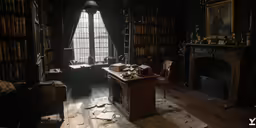 a living room with an old desk in it