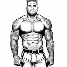 a man with tattoos and a beard with his shirt down,a man in shorts with his tattoos,a man with tattoos and white pants,a man with muscles and a beard in front of a white background,the drawing of a man with tattoos on his chest