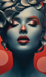 a woman with red lipstick and an artistic make - up looks at the camera