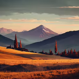 a mountain view with the sun setting behind it,the view of a mountain range and trees