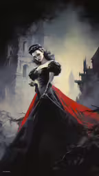woman in a long red gown standing in a foggy background,a painting depicting a woman in red and black