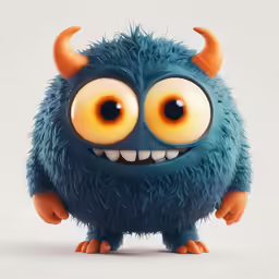 a small, blue toy with two large orange eyes and horns