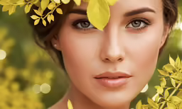 a beautiful woman with blue eyes is surrounded by yellow flowers