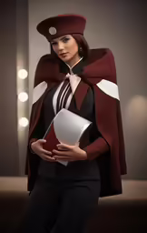 woman in a red and white cape wearing a black suit