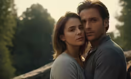 a couple of people are close together in the forest