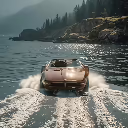 an artistic rendering shows the vehicle going on a lake with many waves