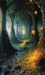 a mysterious woods with many lights and lanterns