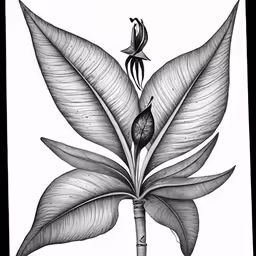 the flower stem is shown with a single leaf in black and white