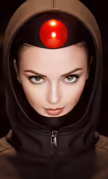 a woman with a hoody with a red sphere on top