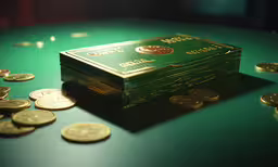 two stacks of gold coins on a green table,a green box with gold coins next to it on a green table