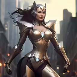 a woman in a metallic outfit in the street