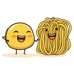 a small cartoon with a face and two hands holds up some noodles