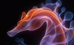 a red and blue fire horse head against a black background