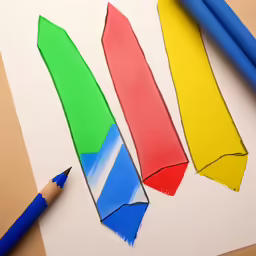 three crayons, a pencil and paper on top of it