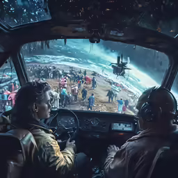a woman sitting in the cockpit of a plane