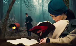 a young woman reading a book in front of a campfire while the man looks at the book