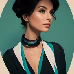 a woman is wearing a choke with a green and white shirt on