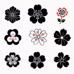 flower illustrations on white background in different colors,nine simple flowers, black and red