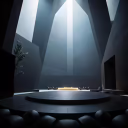 a large black room with lights on in it