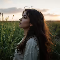 the woman is looking away from the camera in a grassy field