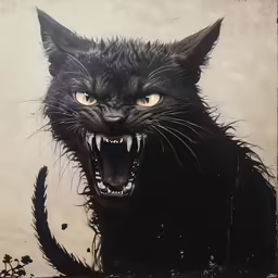 the black cat is hissing as it has a sharp teeth