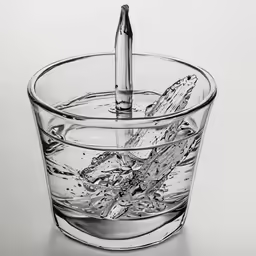 a pen stuck in the water on top of a glass