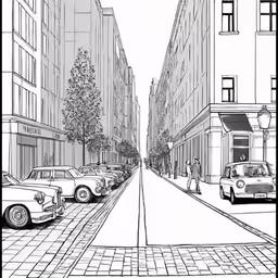 a drawing of a street scene with cars parked