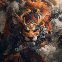 a lion with a face full of feathers and a crown on its head