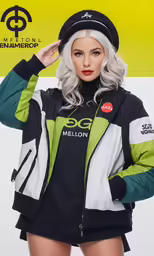 a woman in a black and white jacket with a green and white cap on top