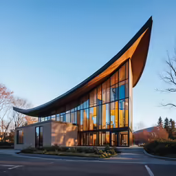 a large building with lots of windows and grass