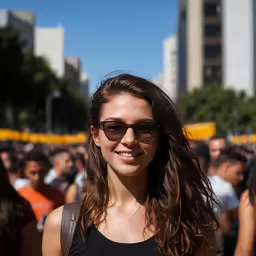 young woman wearing sunglasses standing in front of an outdoor gathering