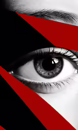 a woman with her eyes close up with the red stripe covering the lower portion of her eye