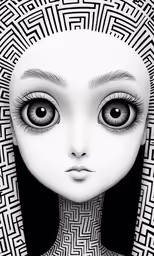 an alien girl with very large eyes and very large hair