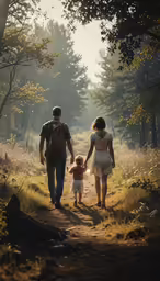 two people and a small child walking in the forest