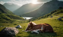 a horse that is sitting down in the grass