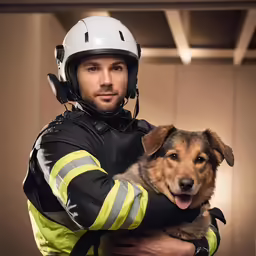 a man in firefighter gear holds a dog