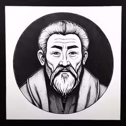 the ink drawing of a bearded man with a white beard