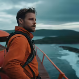 a man on a boat in the water, with the water behind him