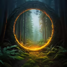 a forest scene with a light circle in the middle of the ground