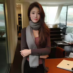 a woman standing in an office with a gray scarf over her head,a young woman is wearing a scarf and posing for a photo
