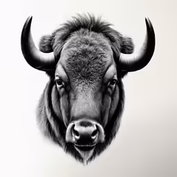 a large bison with big horns and a dark nose