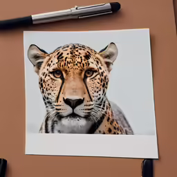 an open pen sitting on top of a table next to an image of a leopard