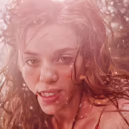 a woman in a red dress and wet, wet hair is smiling